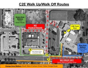 This map shows the correct routes for families to take for several different walk up/walk off locations.