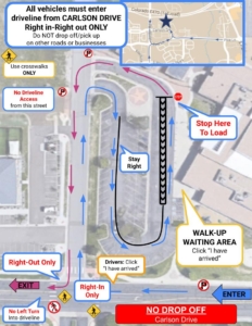 Aerial map of the C2E parking lot and neighboring roads. The map is labeled to show no drop off or pick up on Carlson Drive, no Driveline access from the access road to the west of the school, and shows that the only way to access Driveline is by turning right from Carlson Drive and the only way to exit driveline is to turn right back onto Carlson Drive. The map informs drivers to click "I have arrived" on the Driveline app when they reach the point where they will turn right off of Carlson Drive. The map informs drivers that they will need to stay in the right lane when they enter the C2E parking lot for student pickup, and shows that they should remain to the right and form only one lane. The map also shows the location of the waiting area for walk-up pickups and asks the user to click "I have arrived" in the Driveline app when they arrive at the walk-up waiting location.